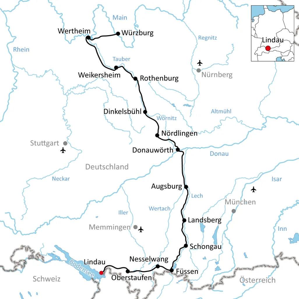 Karte zu Radurlaub an der Romantischen Straße