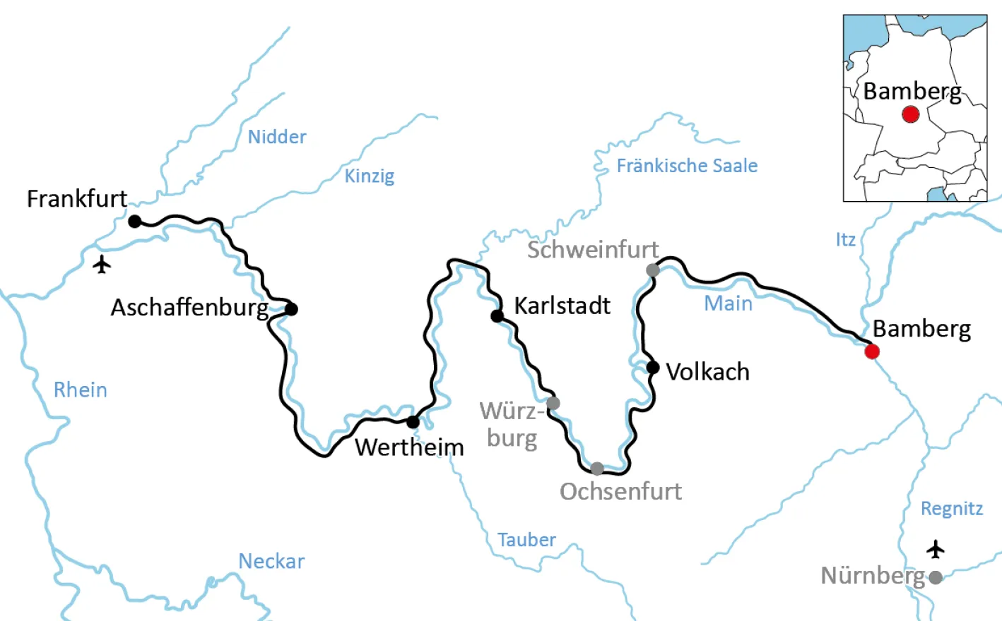 Karte zur Radtour von Bamberg nach Frankfurt
