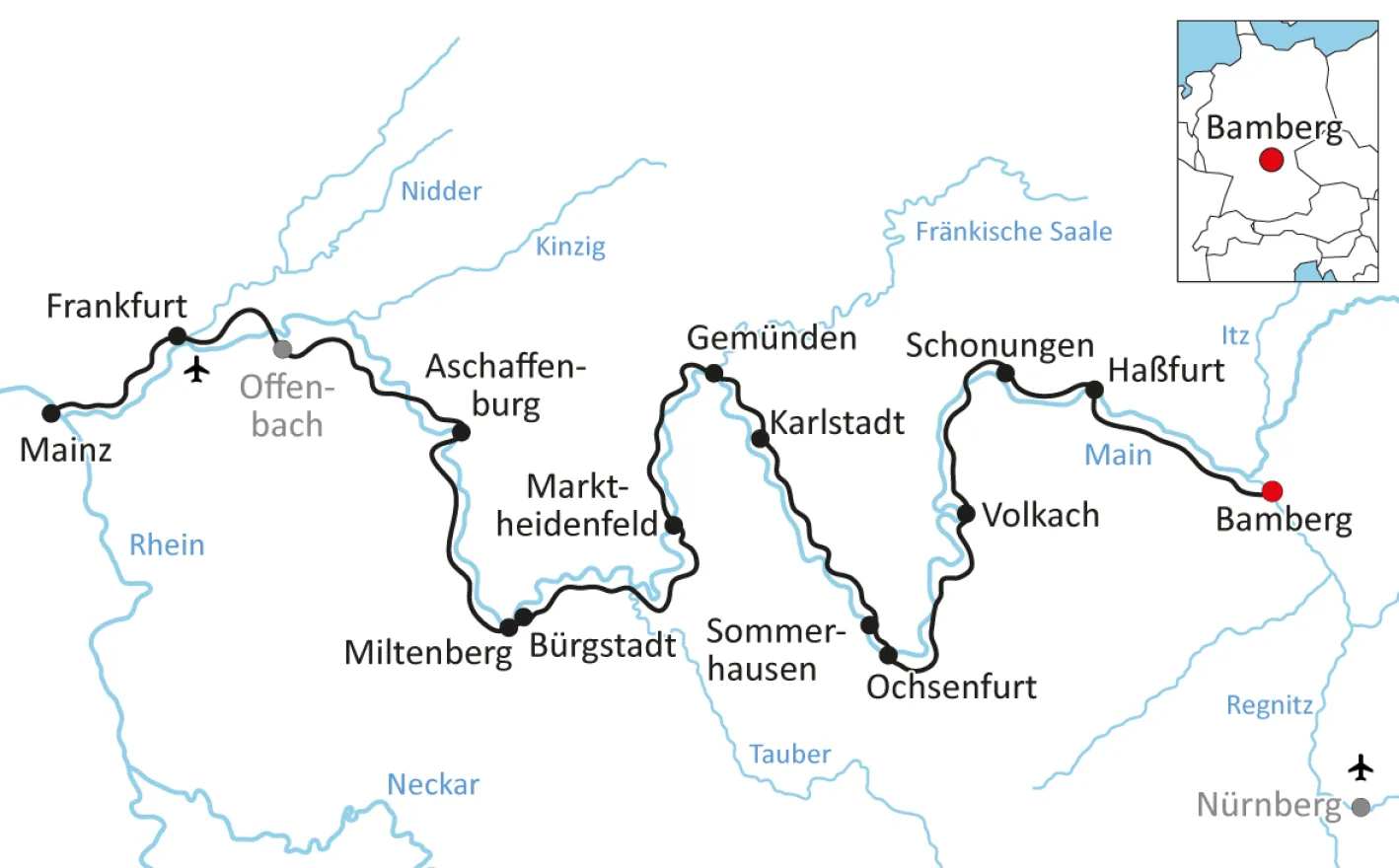 Karte für den großen Radurlaub am Main