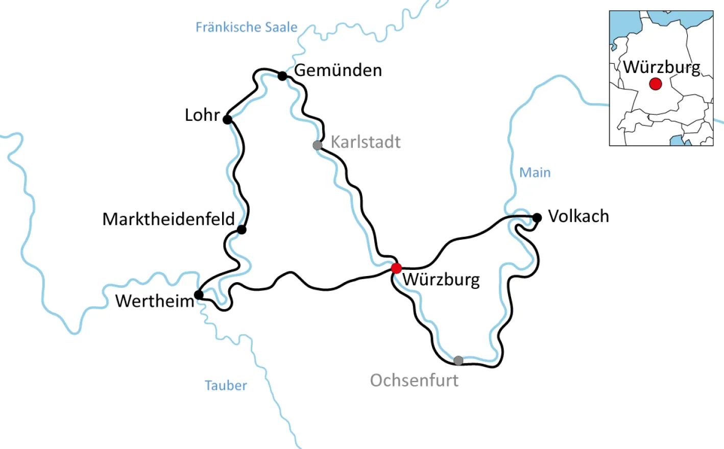 Karte zur Radtour rund um Würzburg