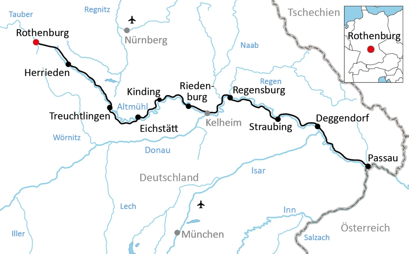 Karte zum Radurlaub an Altmühl und Donau