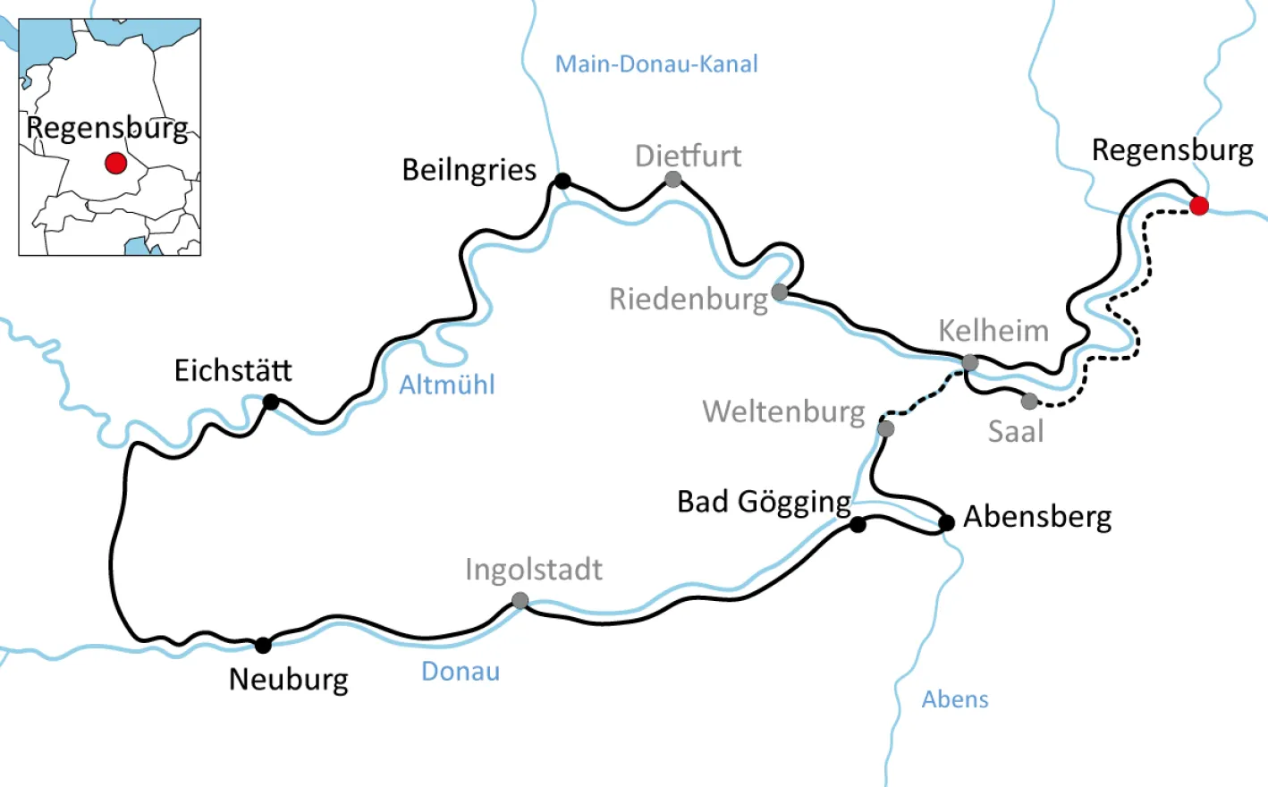 Karte zur Radreise an Donau und Altmühl