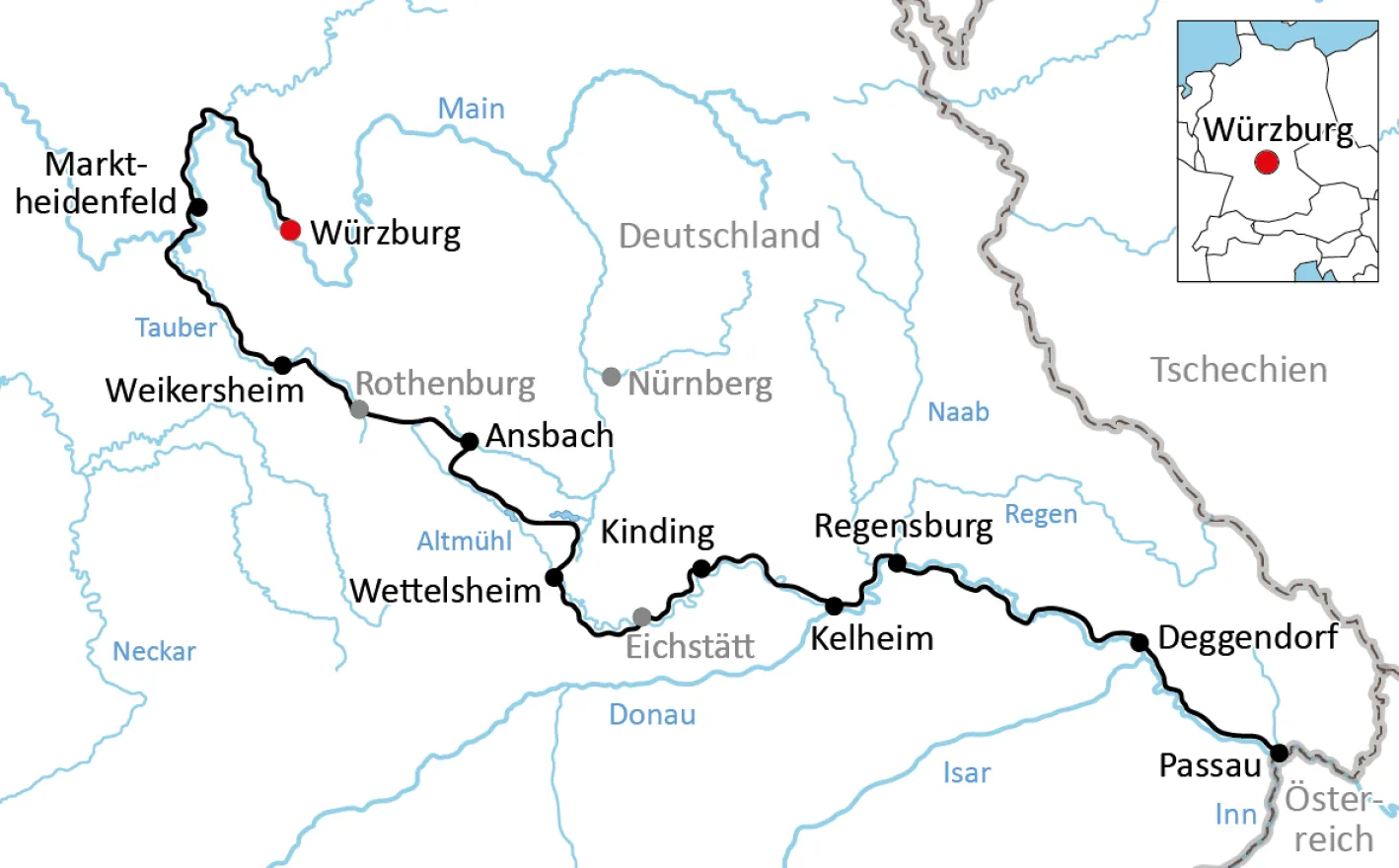 Karte zur Radtour von Unterfranken nach Niederbayern