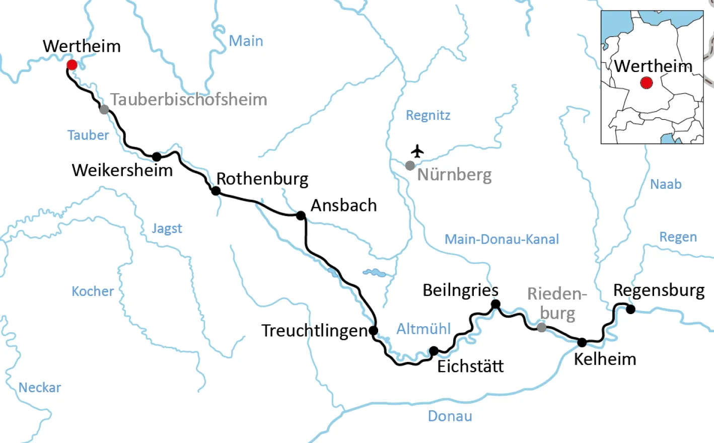 Karte zum Tauber- und Altmühl-Radweg