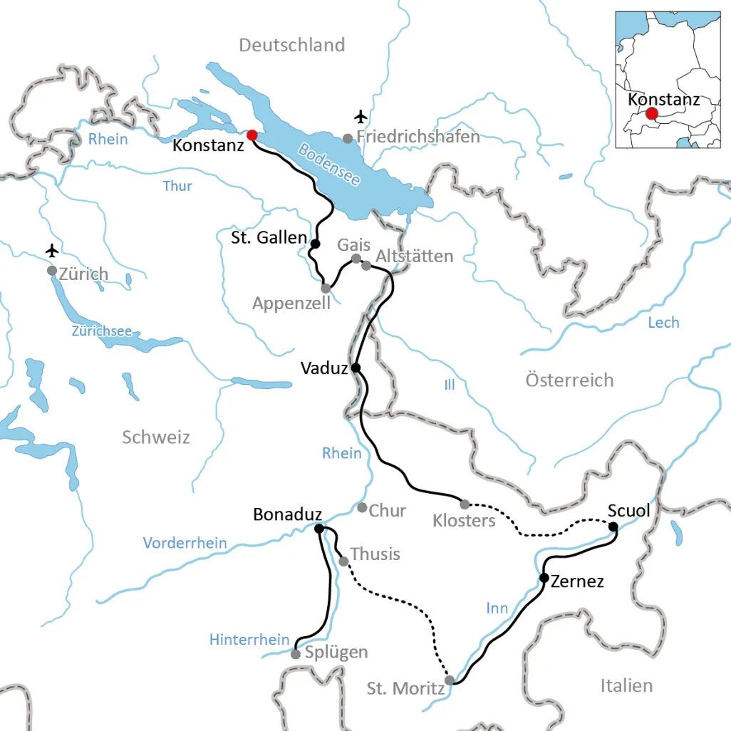 Karte zur Radtour nach Graubünden