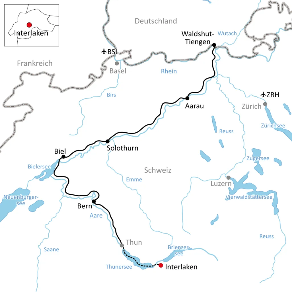 Karte zum Radwandern entlang der Aare-Route