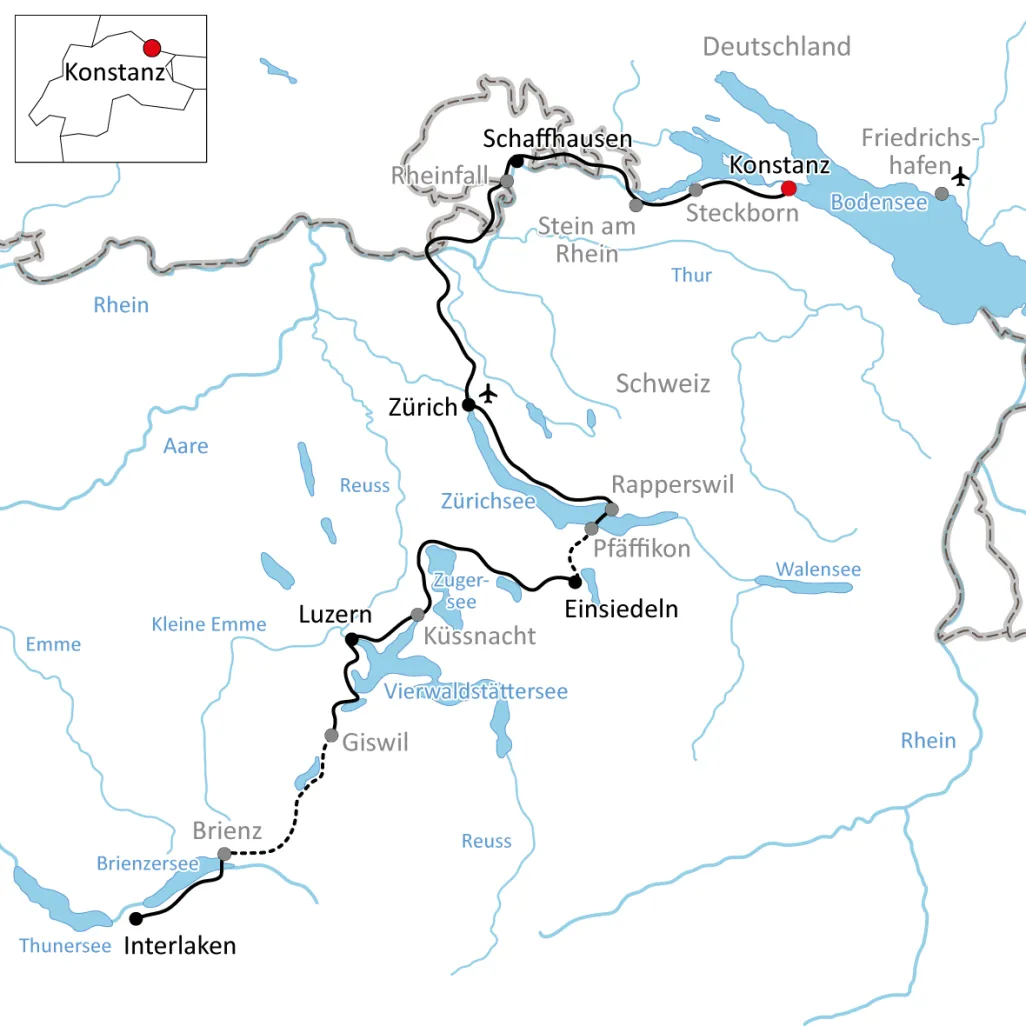 Karte zur Radtour von Konstanz nach Interlaken