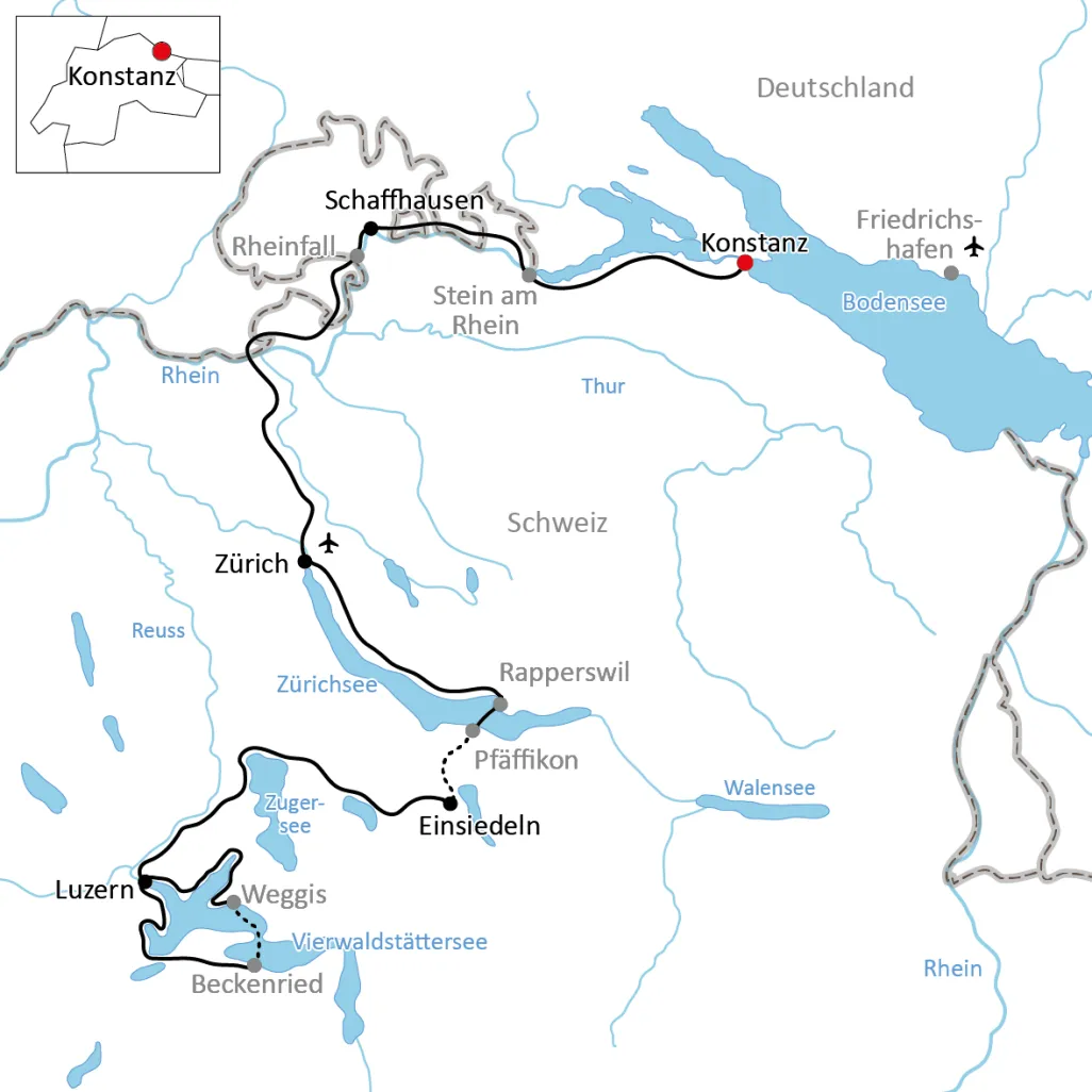 Karte zur Radtour von Konstanz nach Luzern