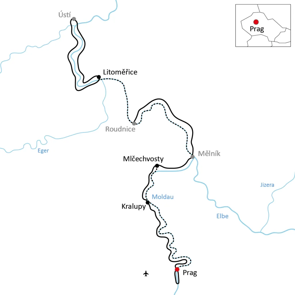 Karte zur Reise mit Rad und Schiff auf Elbe und Moldau