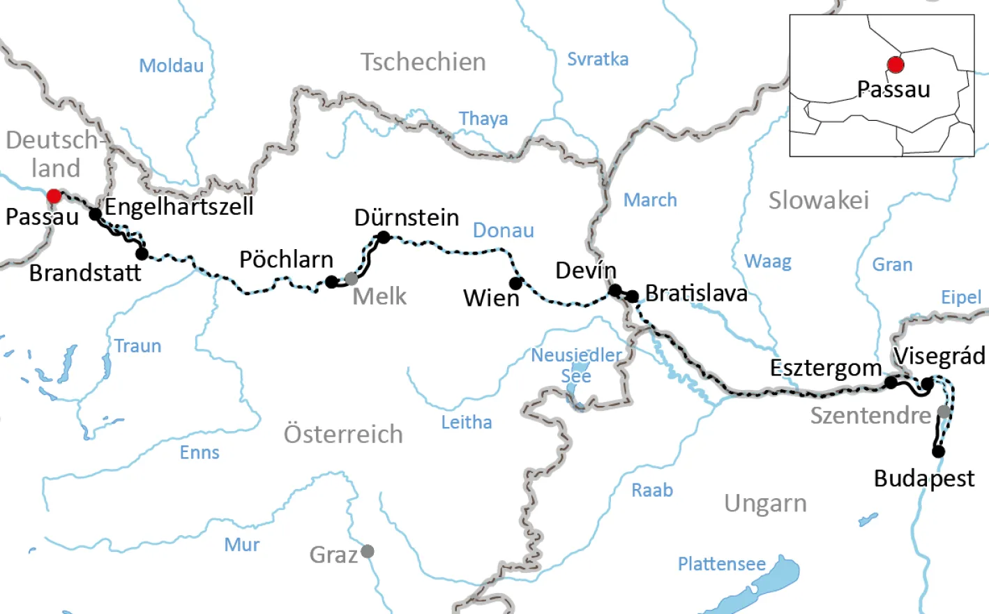Karte zur Reise mit Rad und Schiff auf der Donau