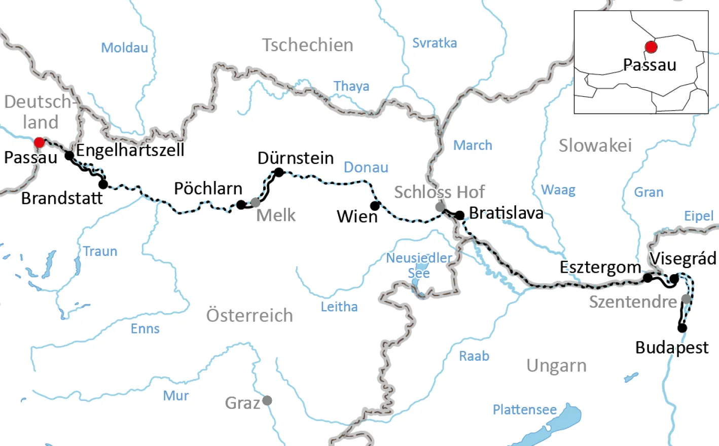 Karte zur Reise mit Rad und Schiff auf dem Donauradweg