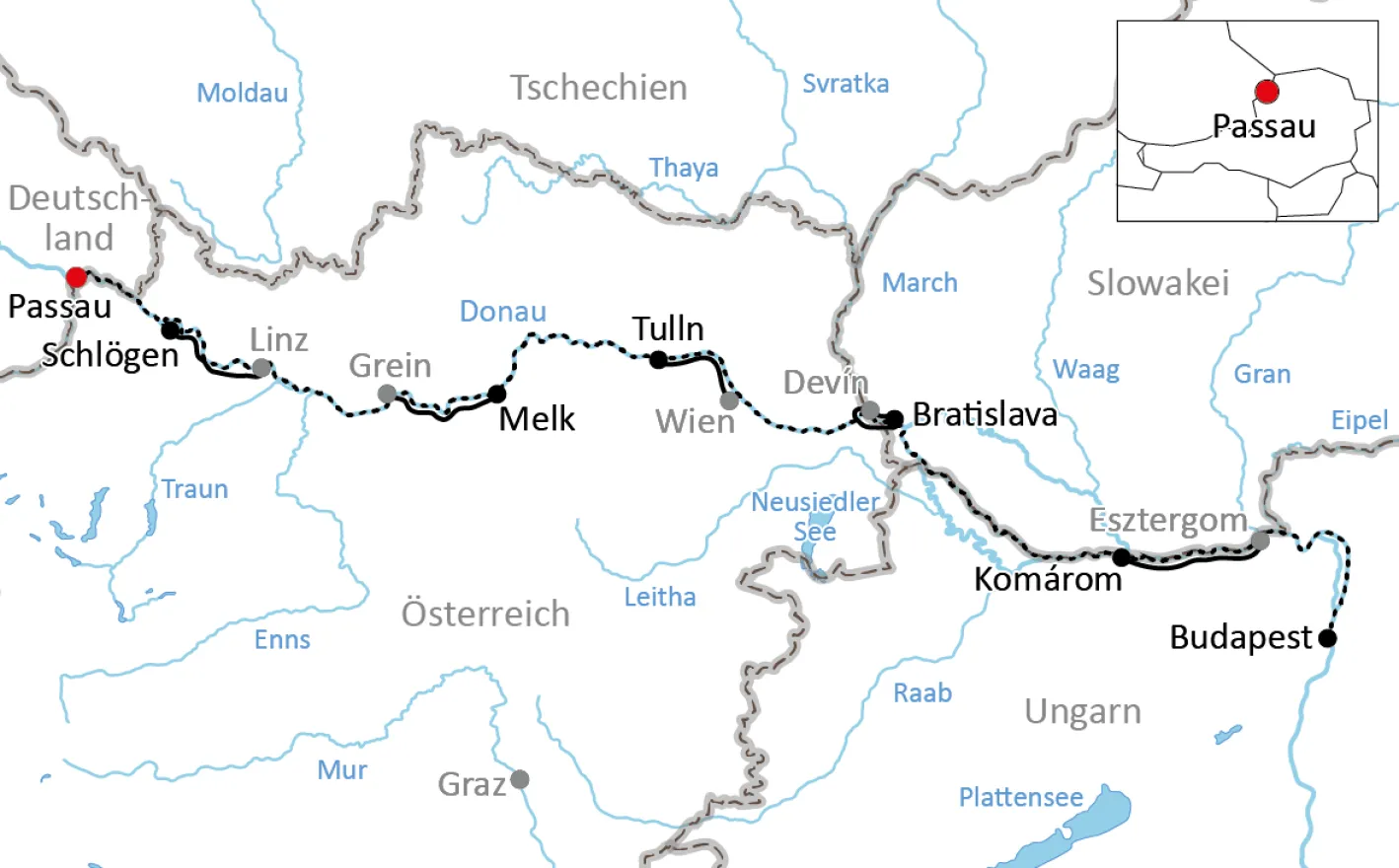 Karte zur Reise mit Rad & Schiff durch Österreich und Ungarn