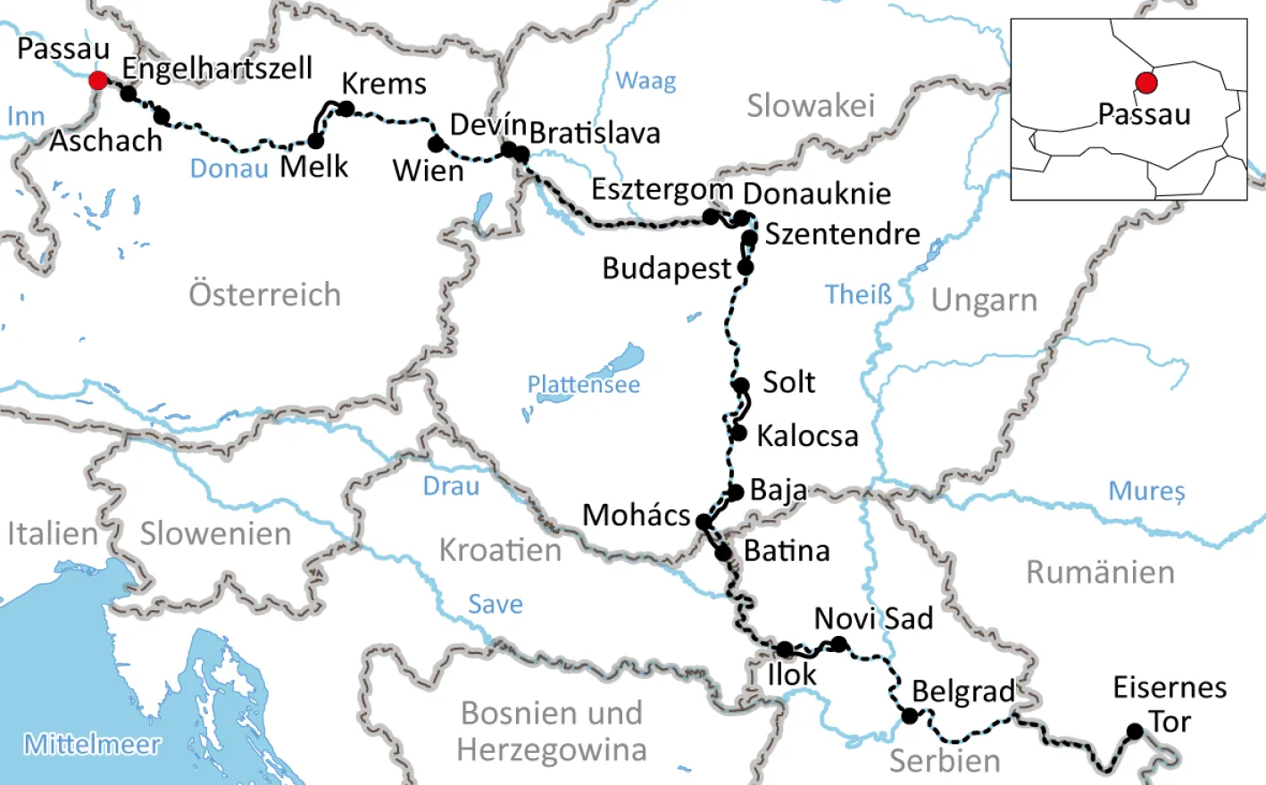 Karte zu Mit Rad und Schiff von Passau nach Belgrad