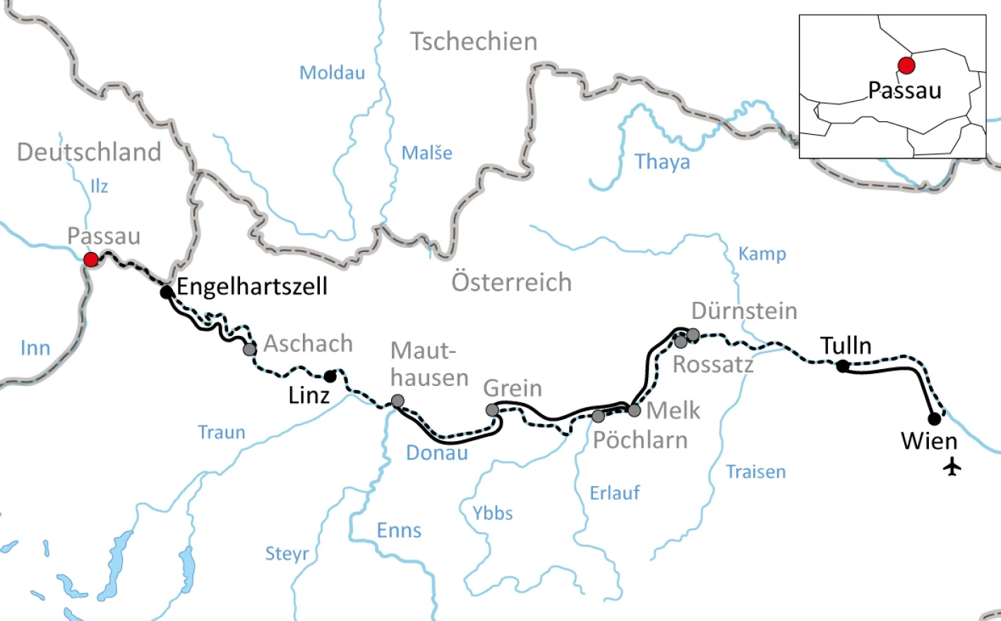 Karte zu Rad und Schiff von Passau nach Wien