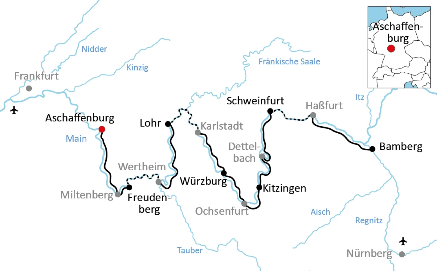 Karte zur Reise mit Rad und Schiff am Main von Aschaffenburg nach Bamberg