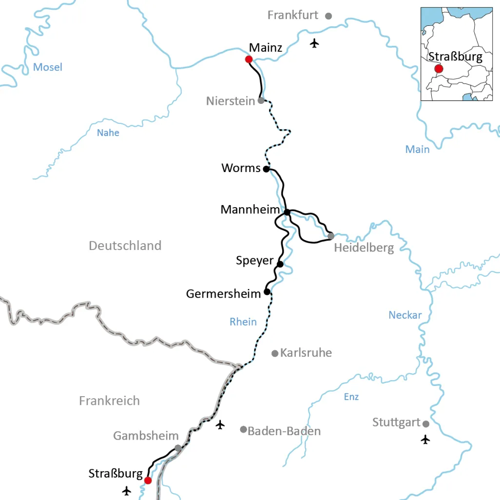 Karte zur Reise mit Rad und Schiff von Straßburg nach Mainz