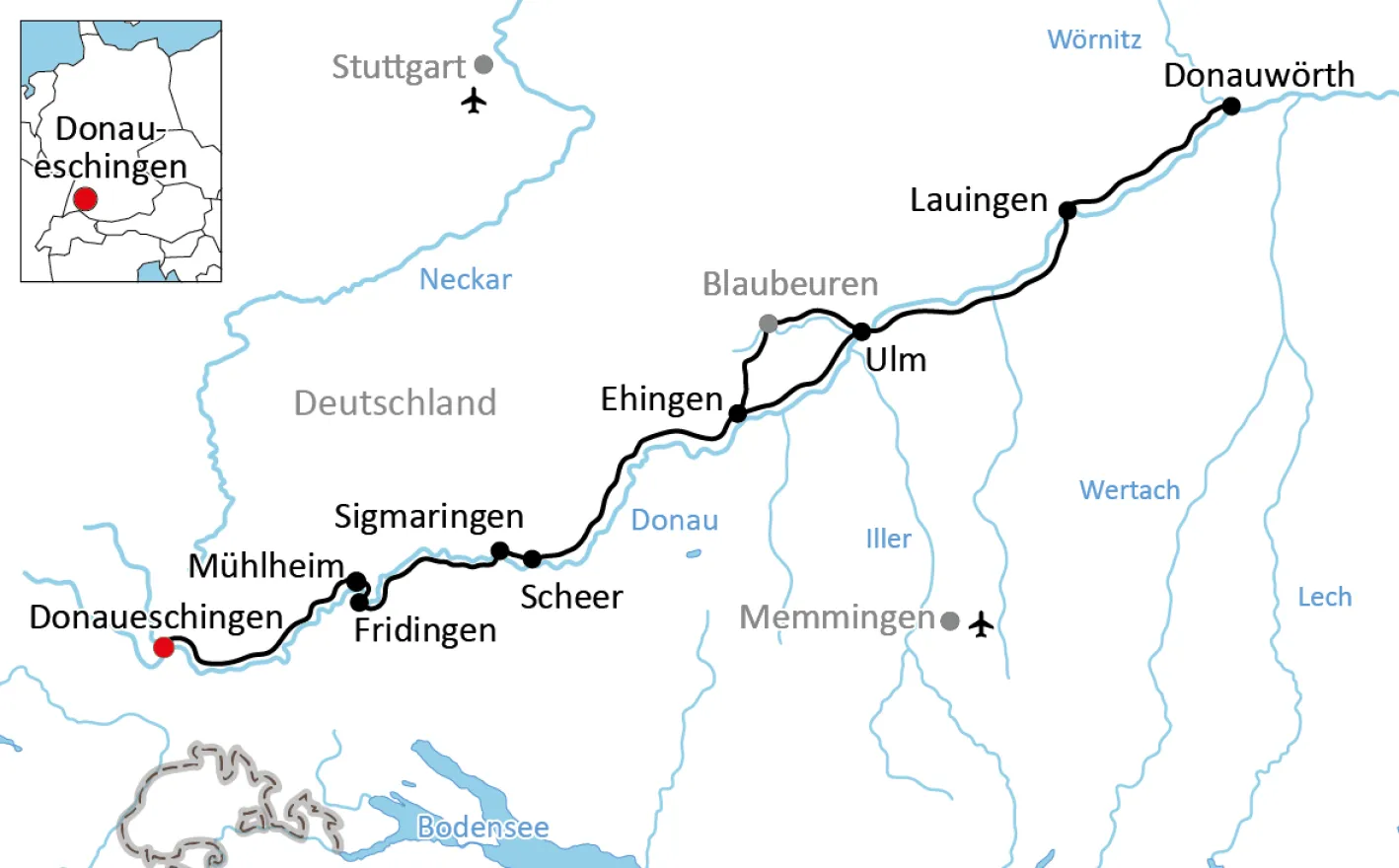 Karte zum Radwandern im Tal der jungen Donau