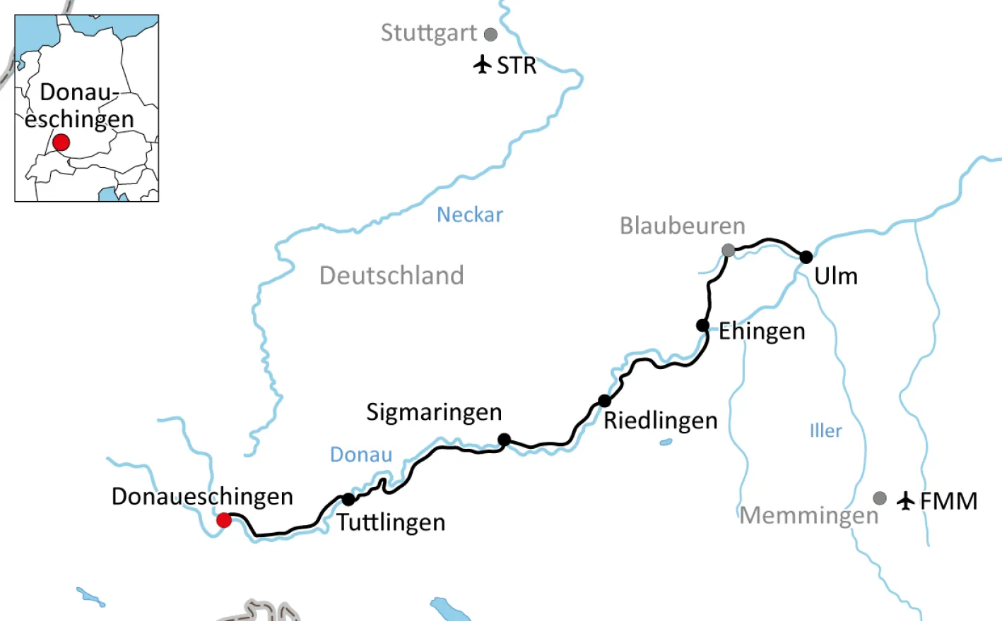 Karte zur Radtour durch das Donautal