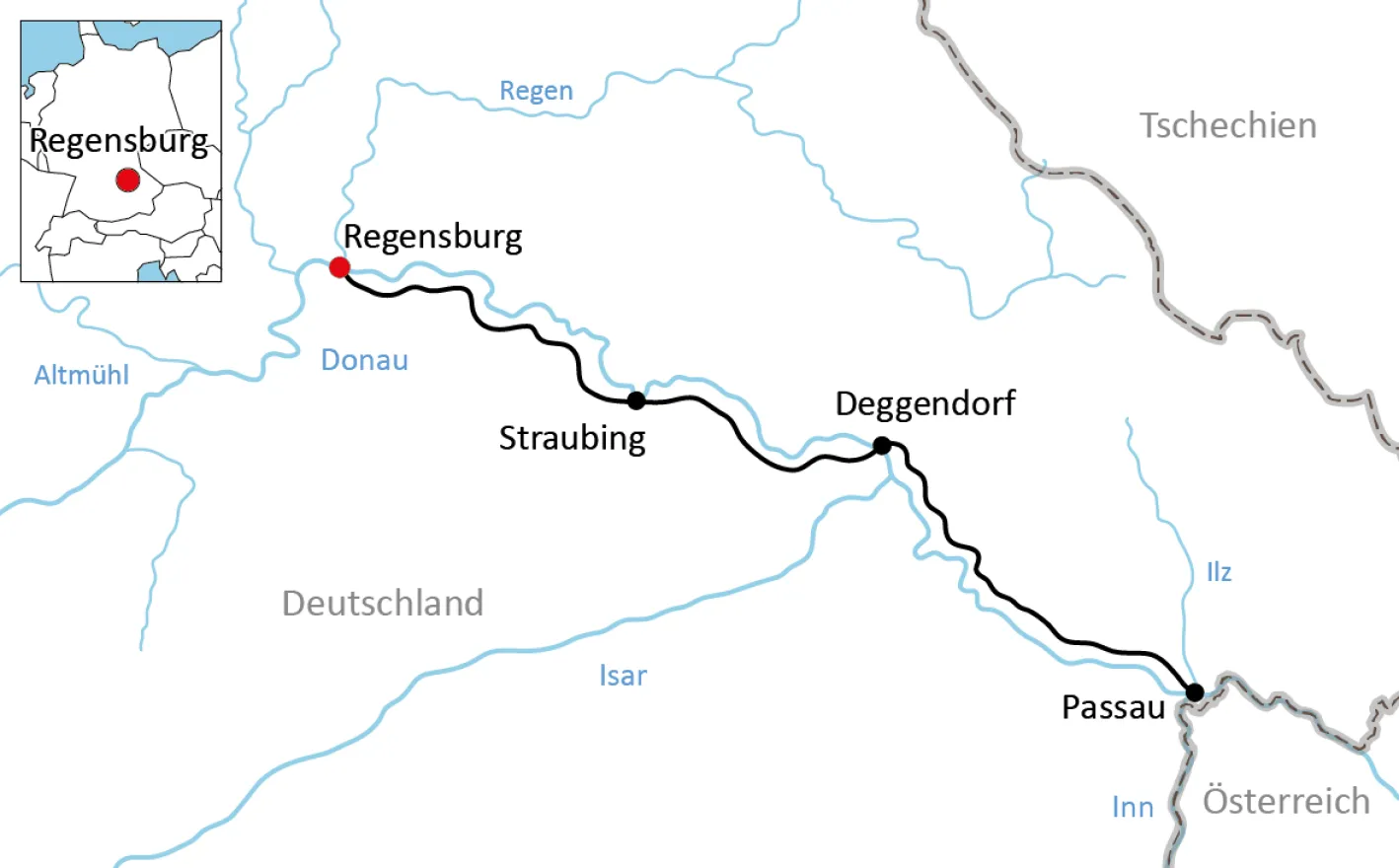 Karte zur Radtour von Regensburg nach Passau