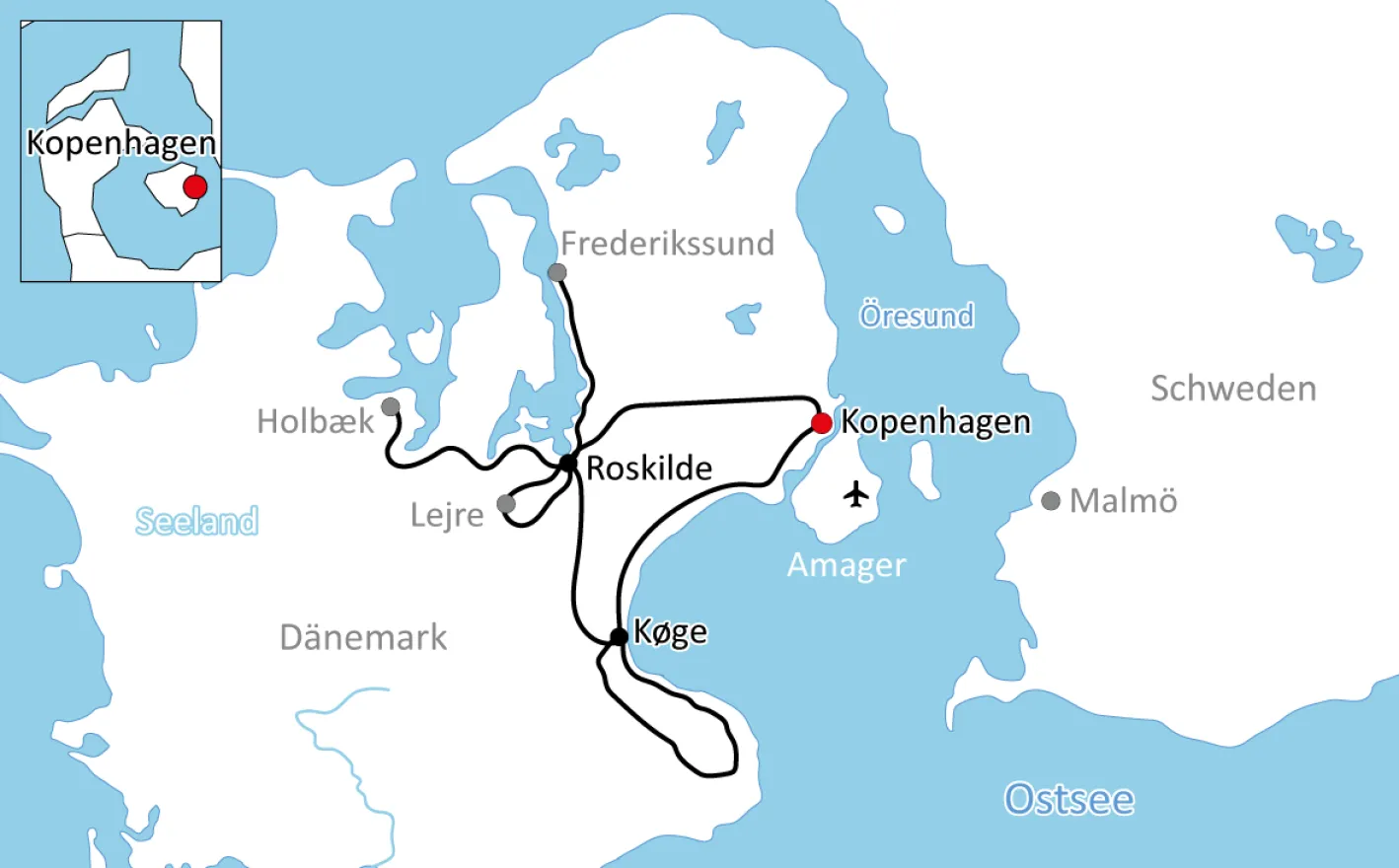 Karte zur Radtour auf Seeland