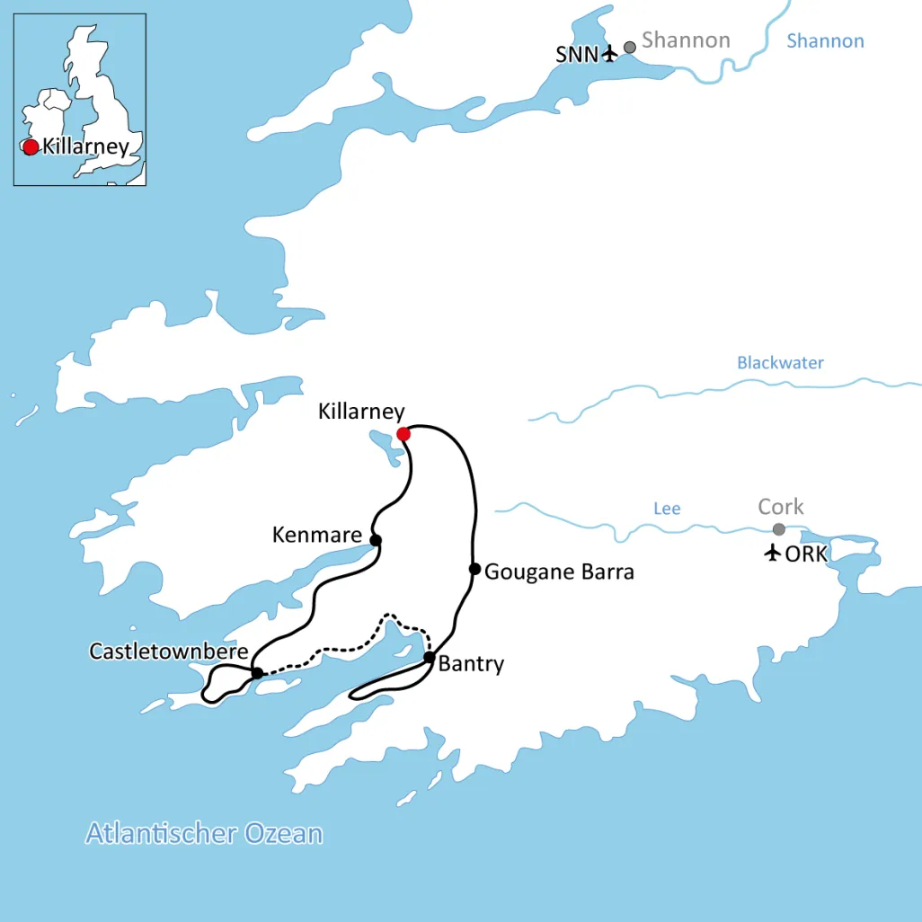 Karte zum Radurlaub in Irland
