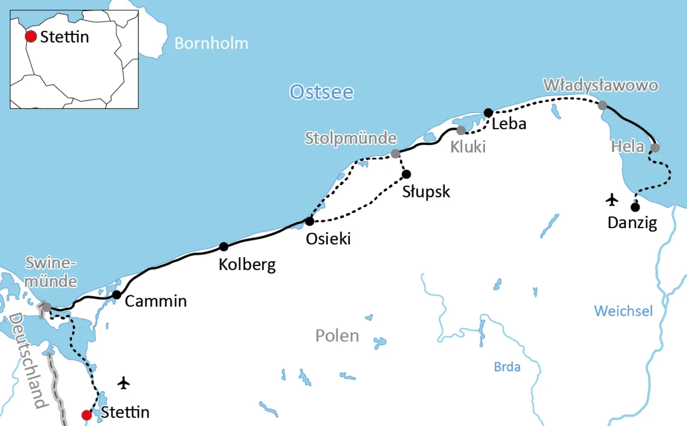Karte zur Tour auf dem Ostseeradweg in Polen
