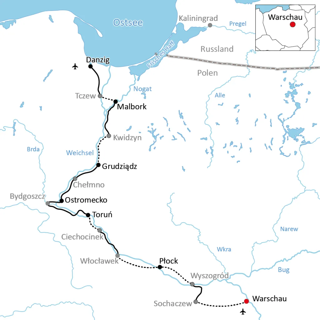 Karte zur Radtour entlang der Weichsel