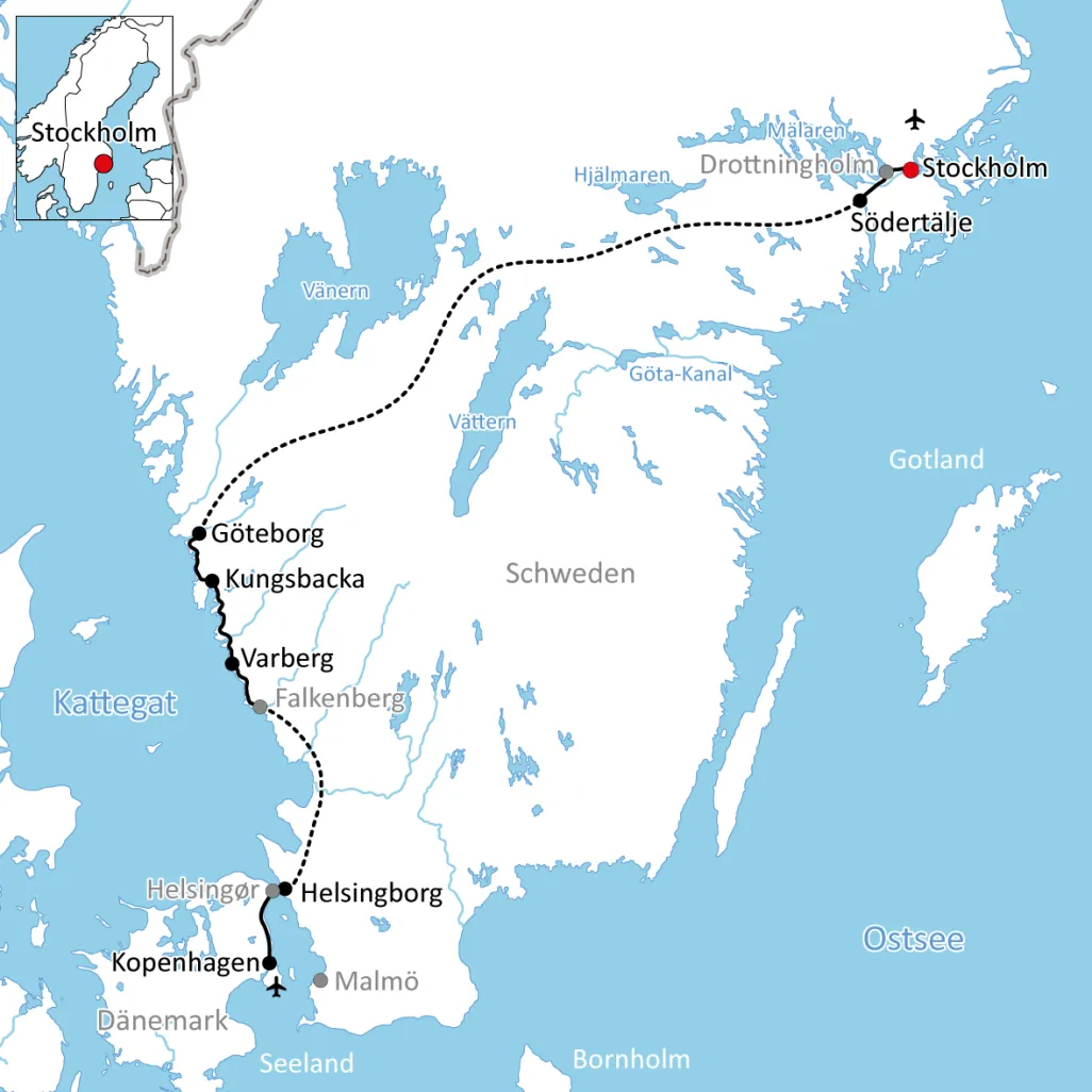 Karte zur Radtour von Stockholm nach Kopenhagen