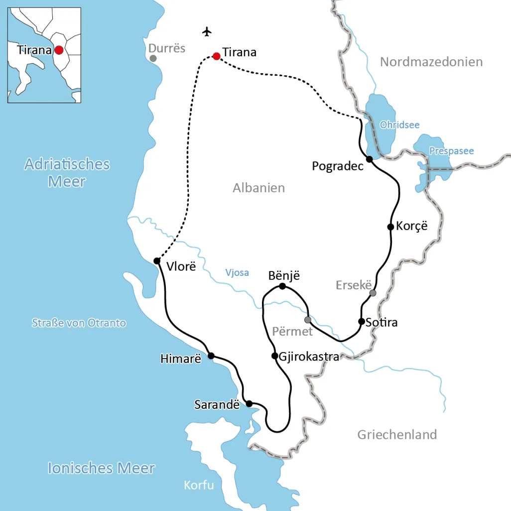 Karte zur Radtour in Albanien