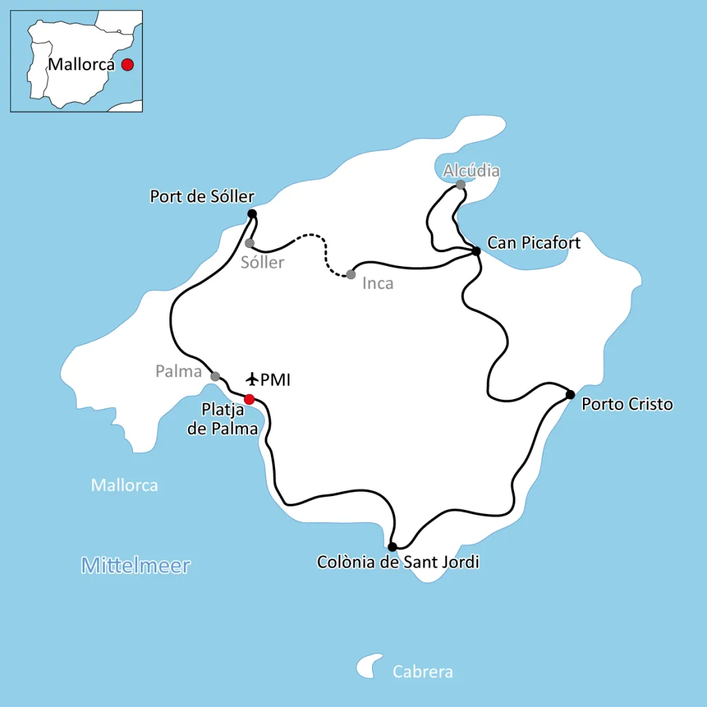 Karte zur großen Radtour auf Mallorca