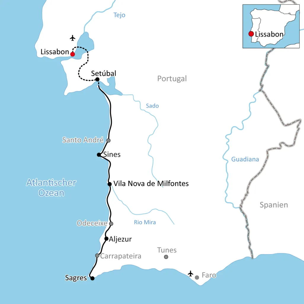 Karte zum Radurlaub in Portugal