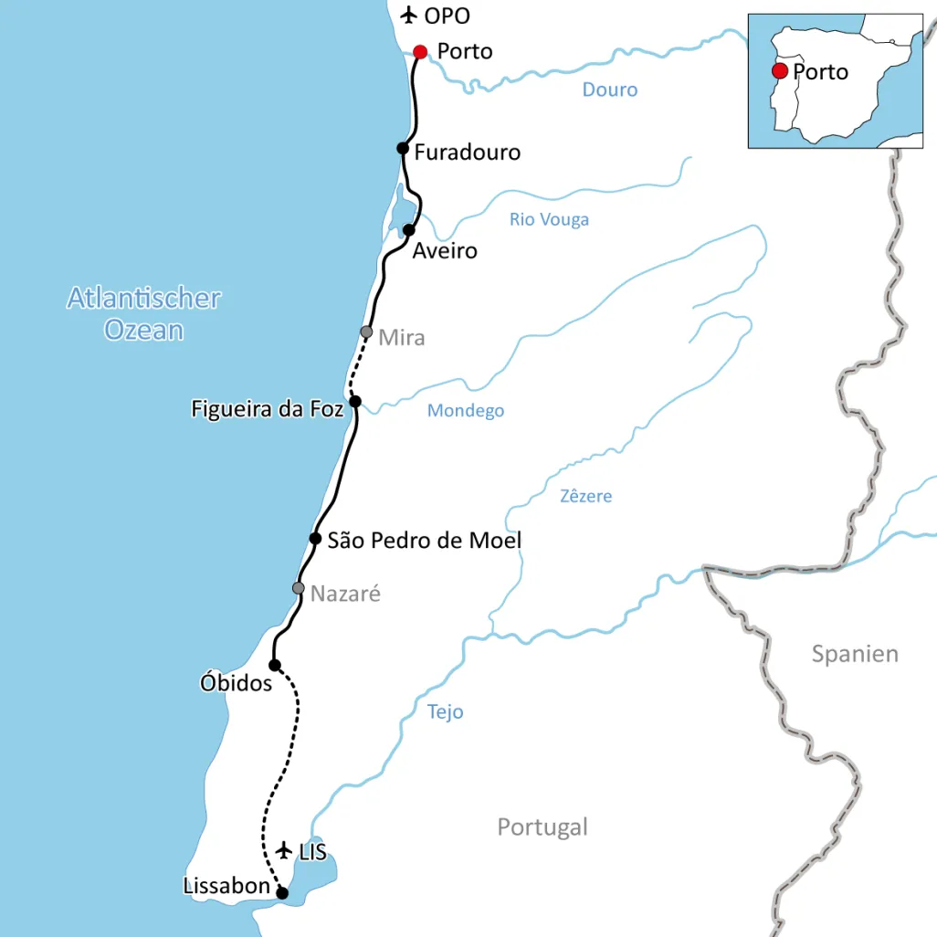 Karte zur Radtour in Portugal: Porto – Lissabon