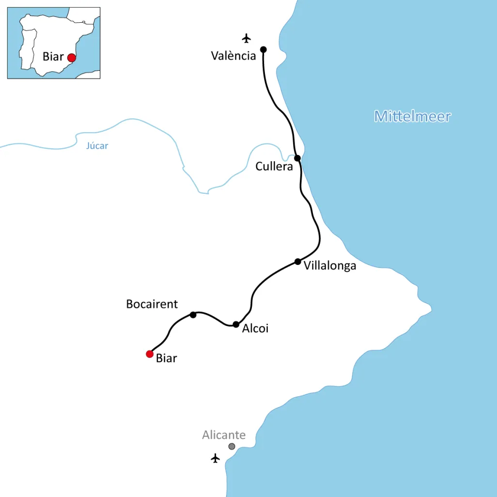Karte zur Radtour durch das Hinterland der Costa Blanca