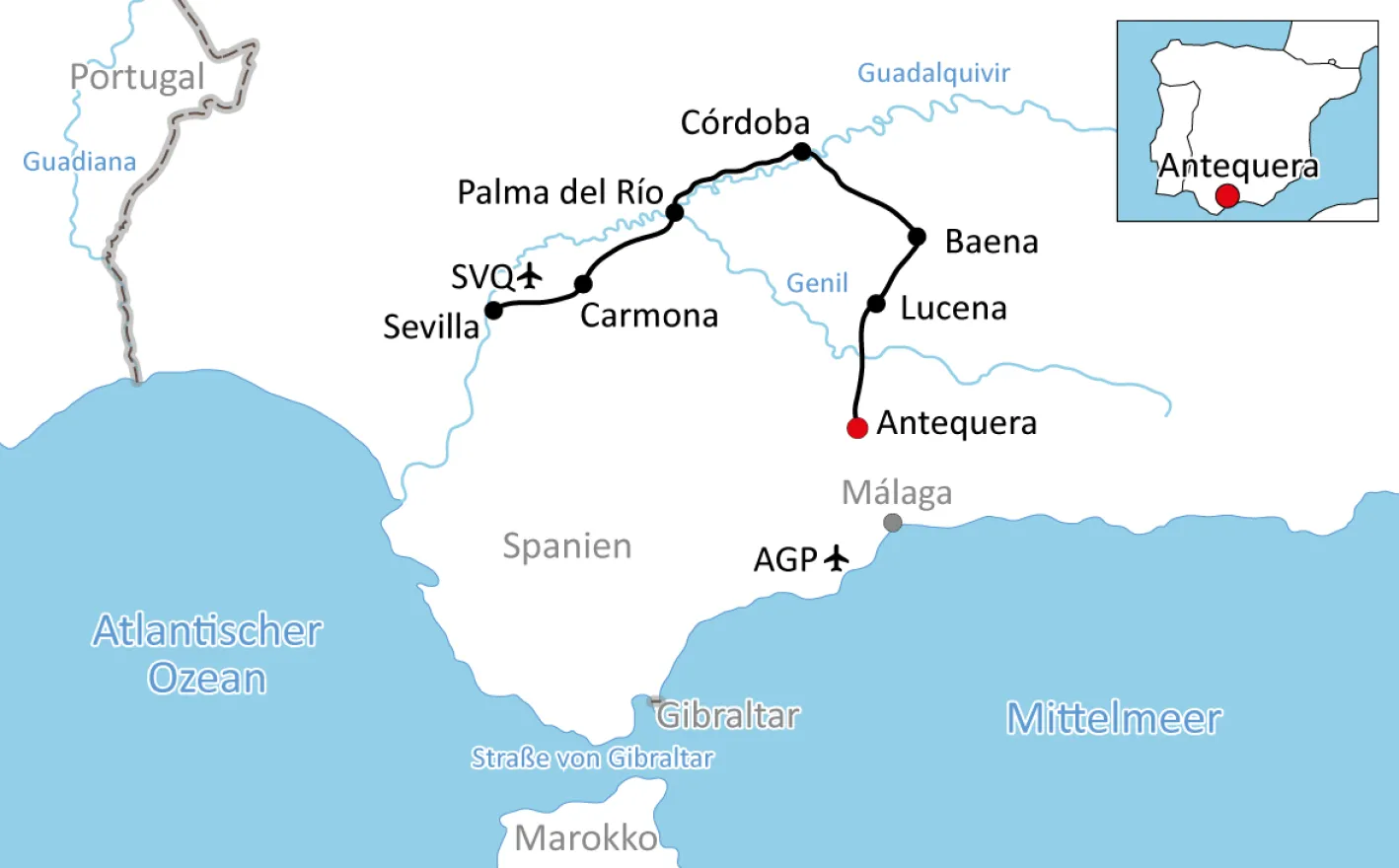 Karte für den Radurlaub in Andalusien