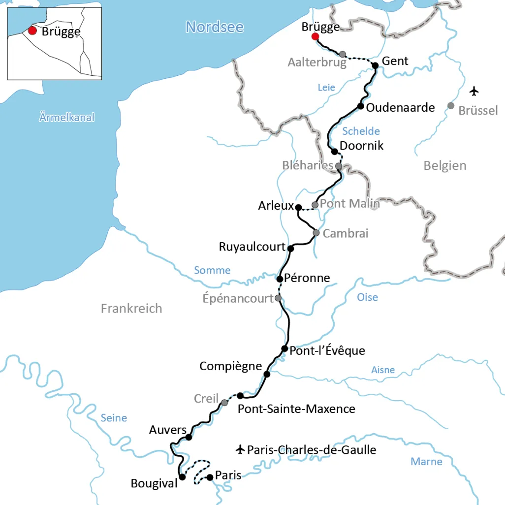 Karte zur Reise mit Rad und Schiff von Brügge nach Paris