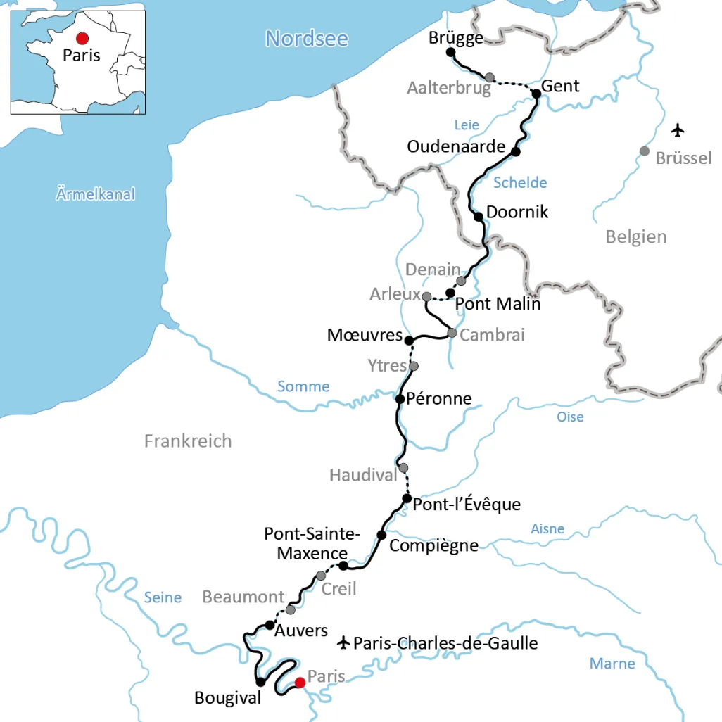 Karte zur Reise mit Rad und Schiff von Paris nach Brügge