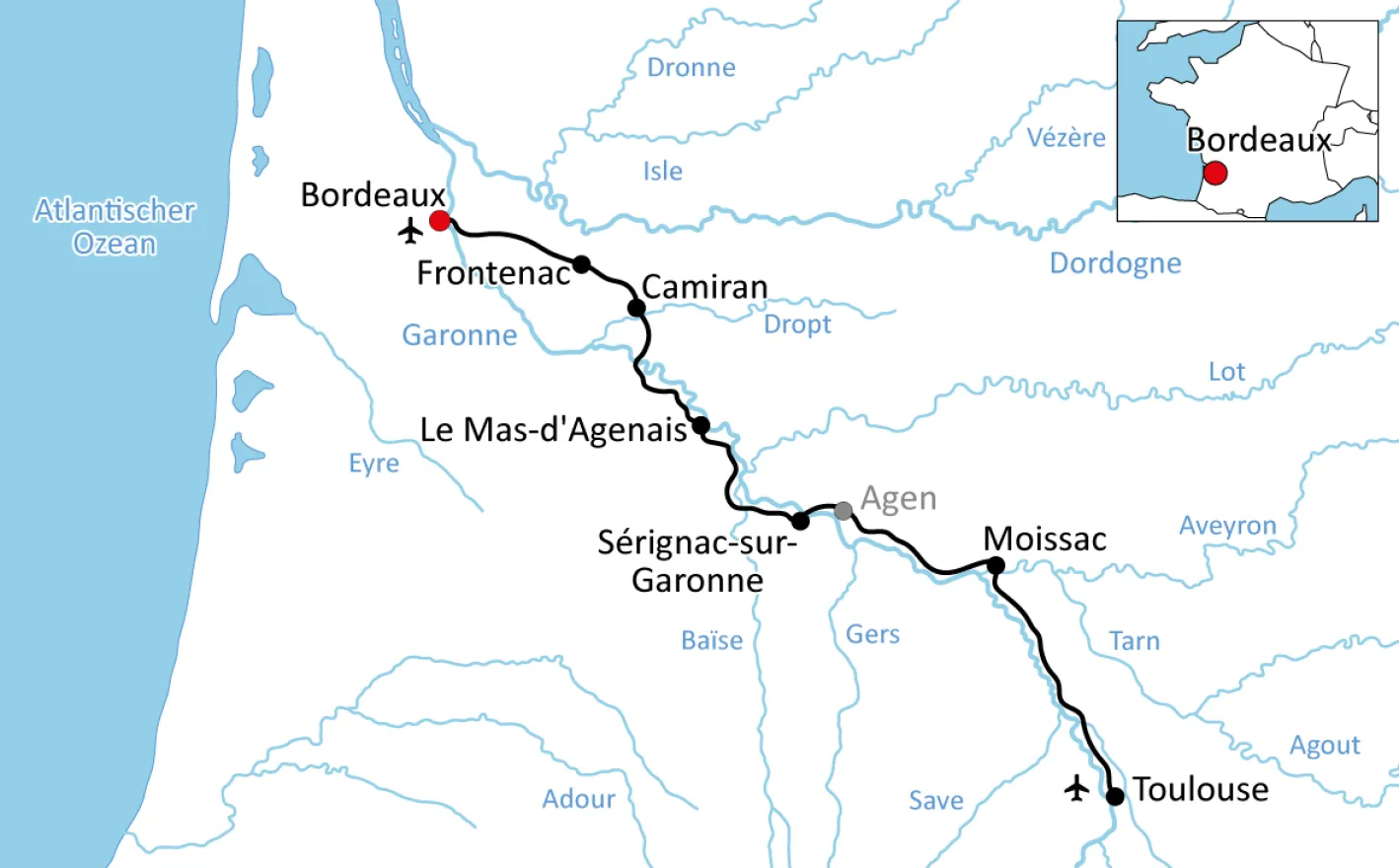 Karte zur Radtour am Canal de Garonne