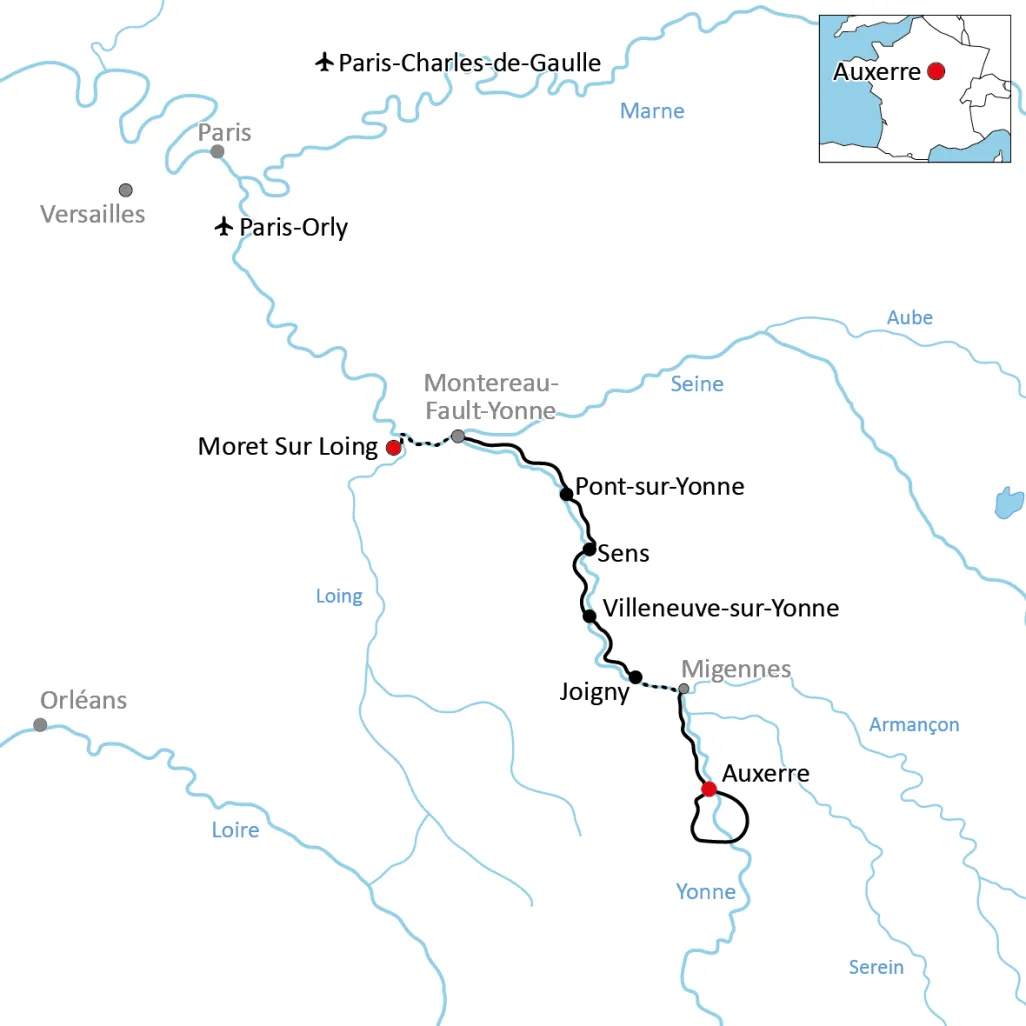 Karte zur Reise mit Rad und Schiff durch Burgund