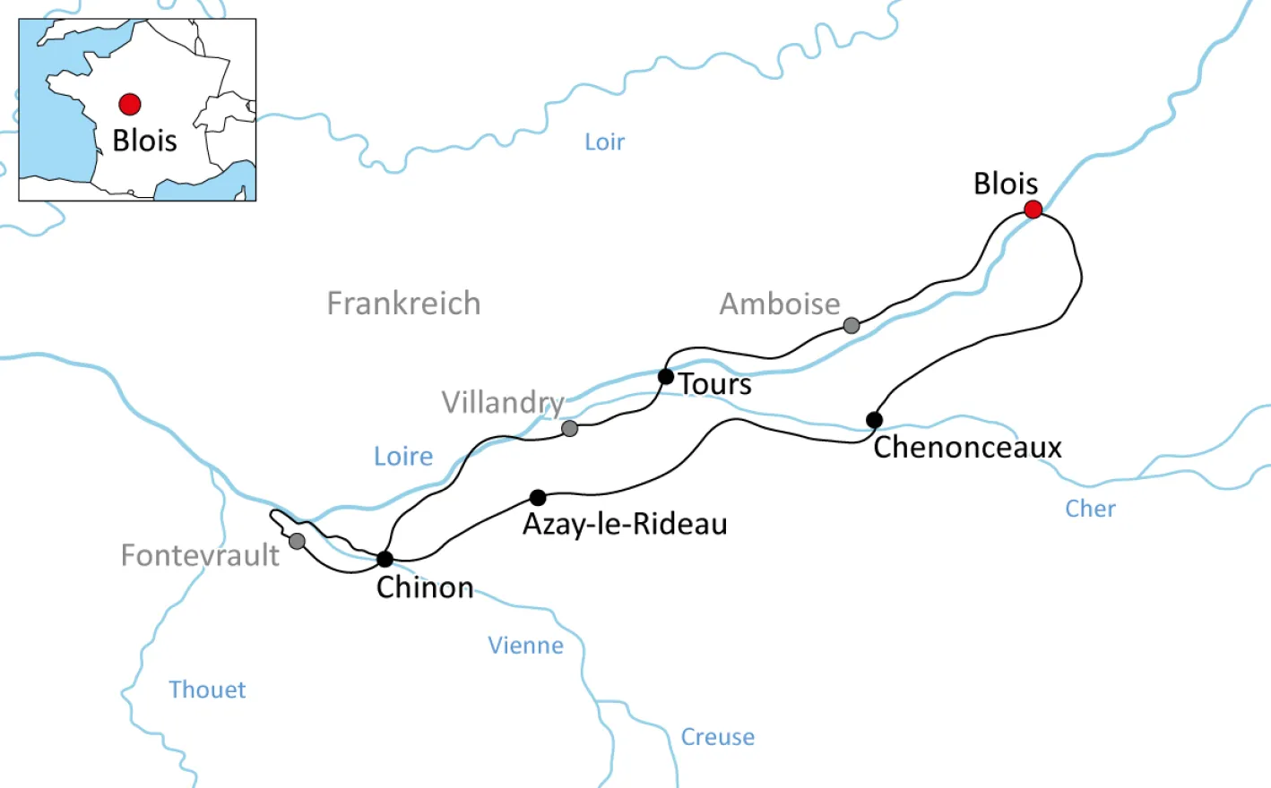 Karte die Schlösser der Loire per Rad