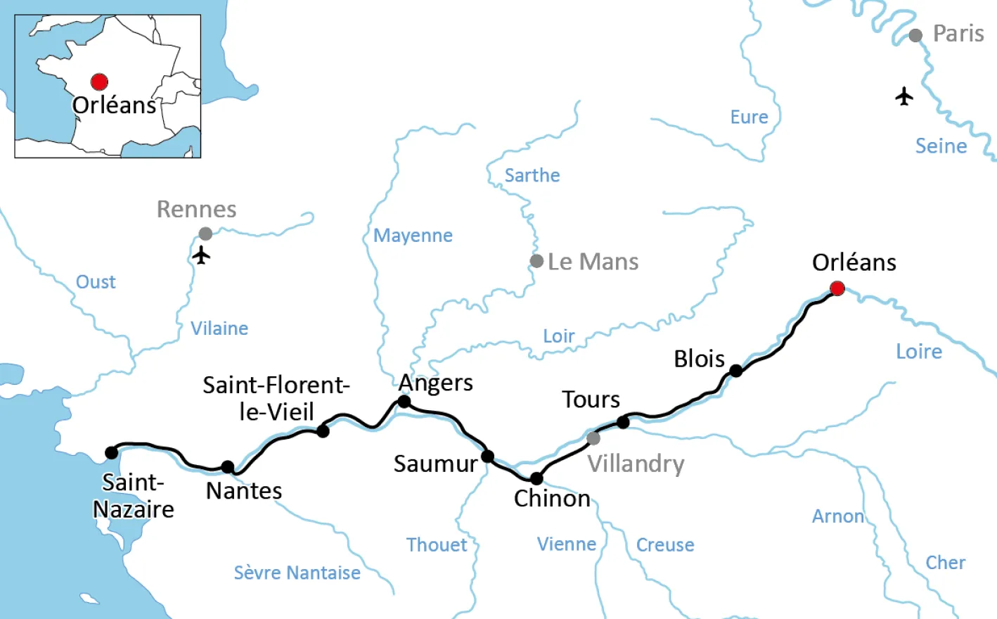 Karte zur Loire-Radtour für Sportliche