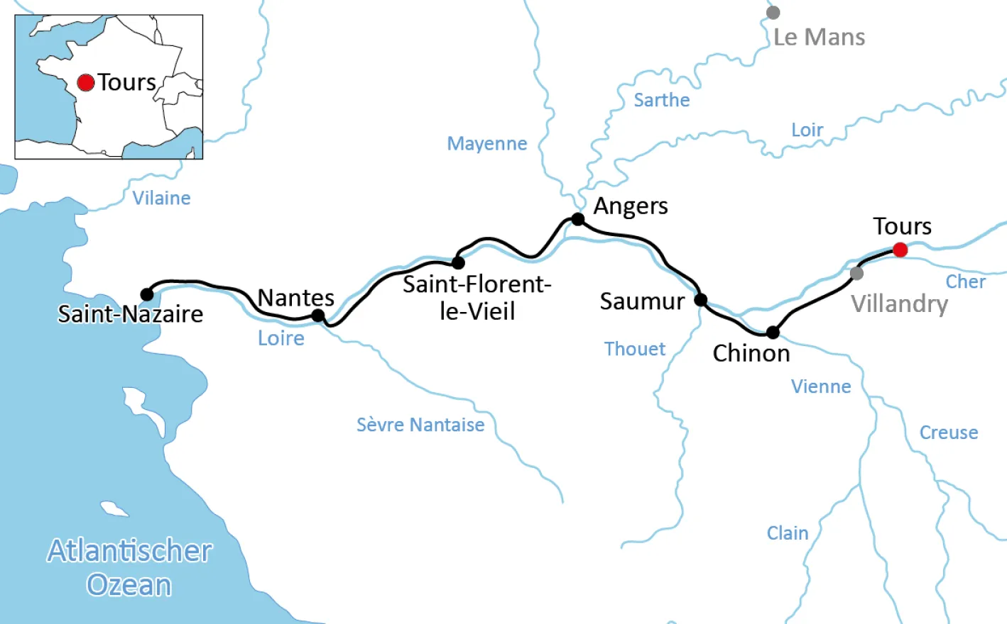 Karte zur Loire-Radreise von Tours an den Atlantik