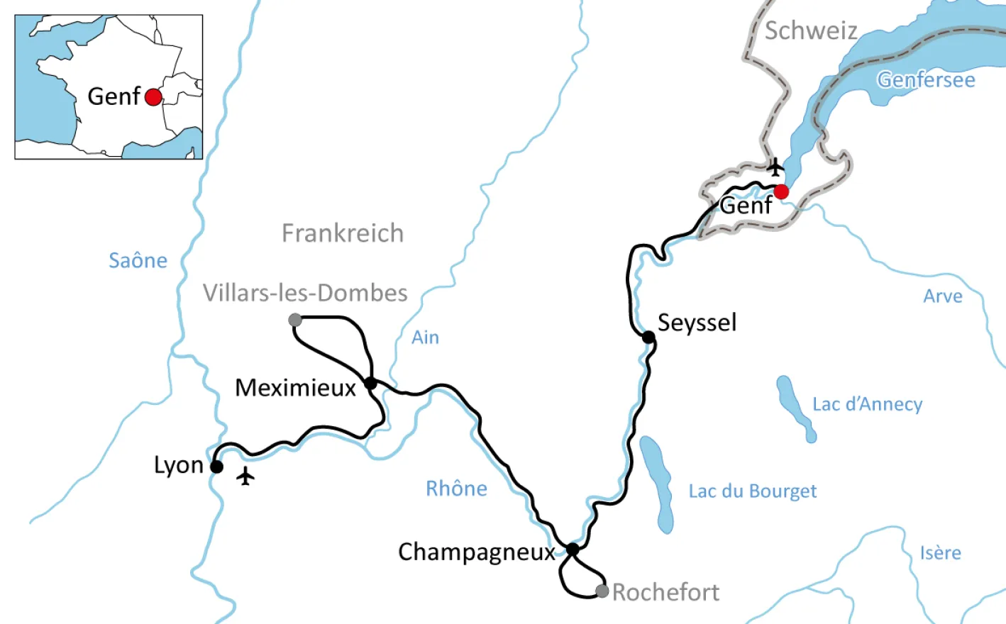 Karte zur Radtour an der Rhône von Genf nach Lyon