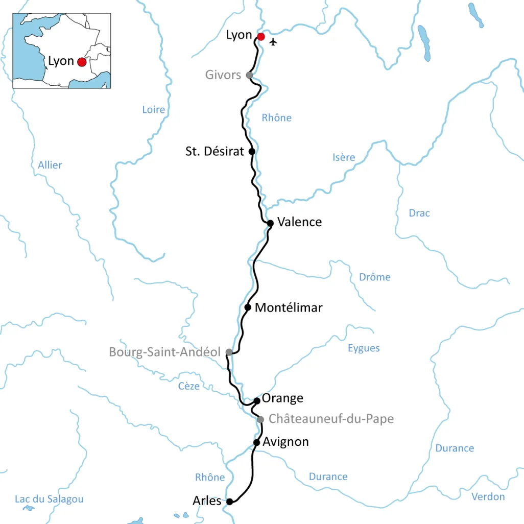 Karte zur Radreise an der Rhône von Lyon nach Arles