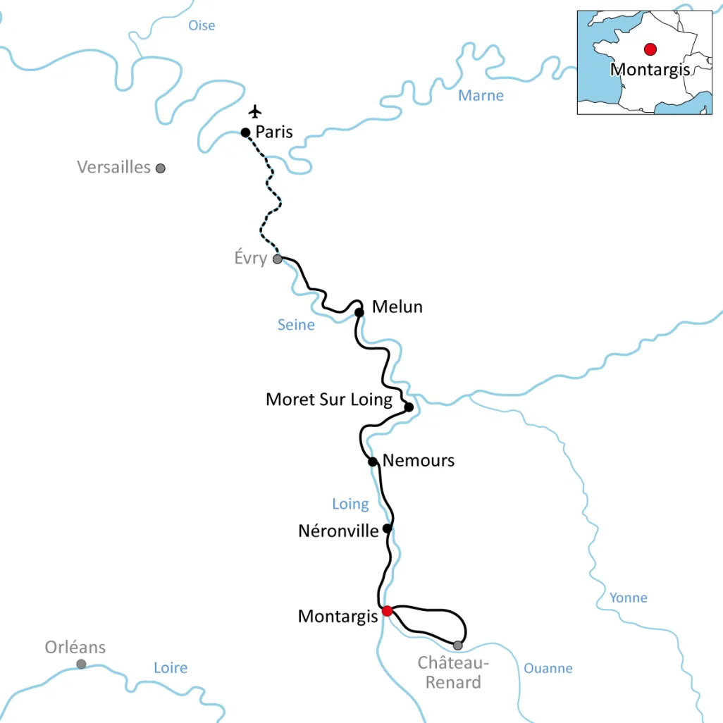 Karte zur Reise mit Rad und Schiff auf der Seine