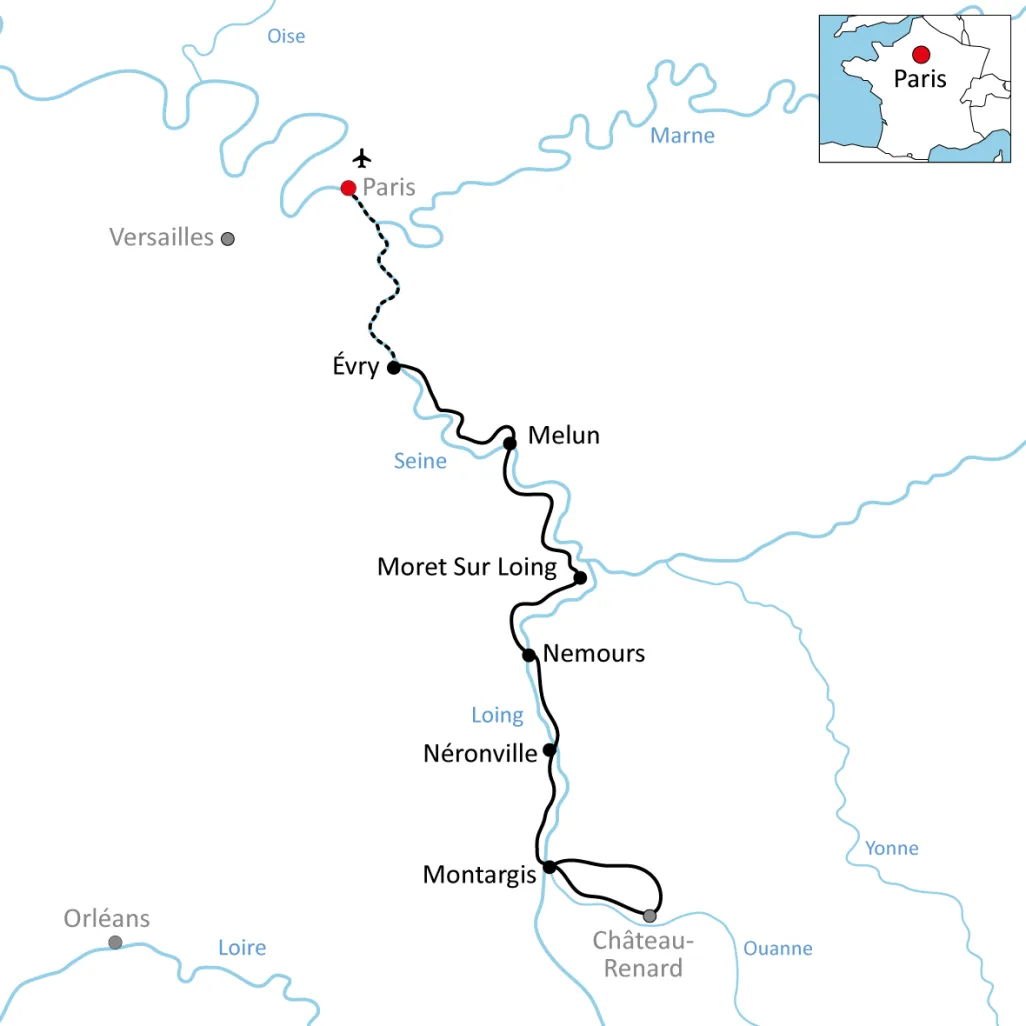 Karte zur Reise mit Rad und Schiff auf der Seine