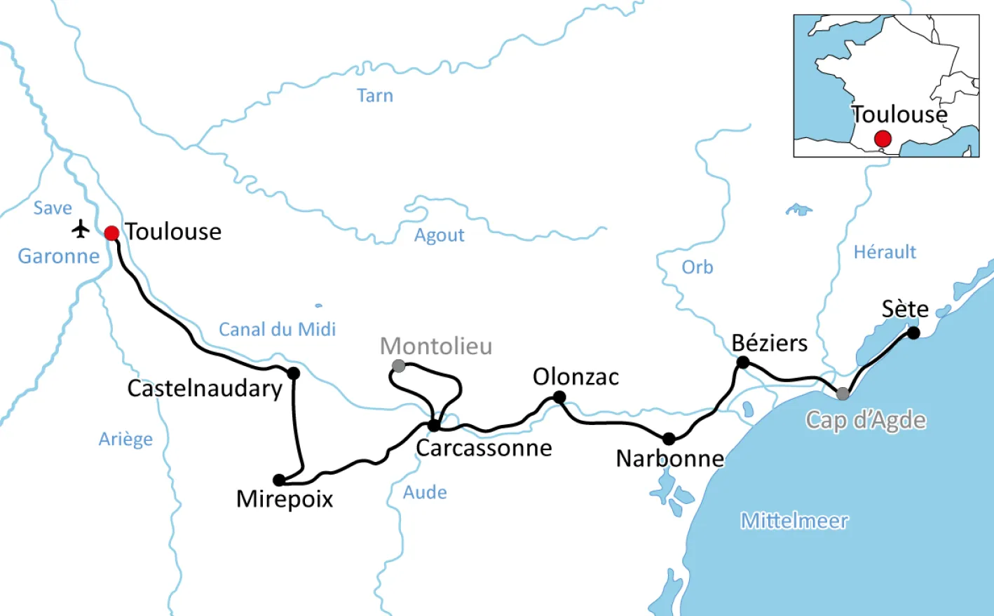 Karte zum Radurlaub am Canal du Midi