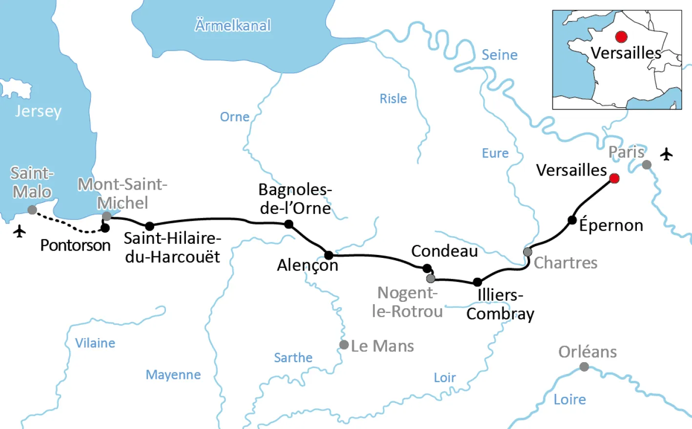 Karte zur Radtour von Versailles in die Normandie