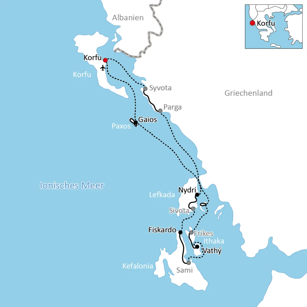 Karte zur Reise mit Rad & Schiff auf Korfu und den Ionischen Inseln