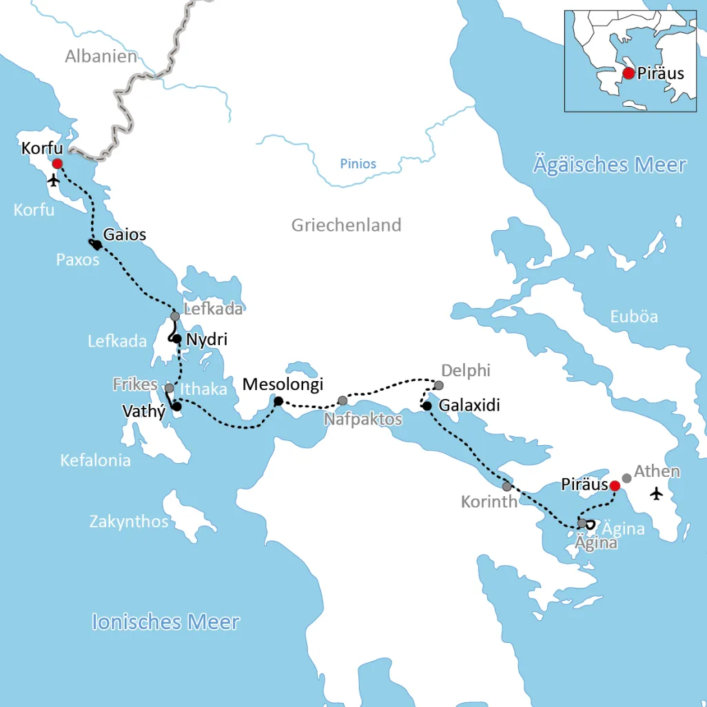 Karte zur Reise mit Rad und Schiff zu den Ionischen Inseln