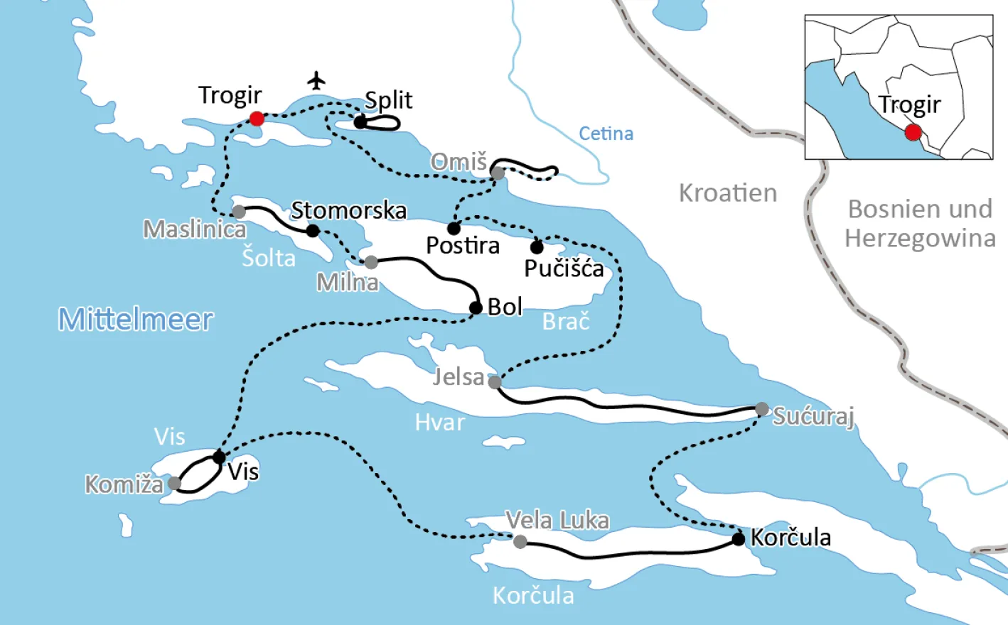 Karte zum Inselhüpfen in Kroatien für Sportliche